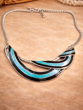 Vintage Statement Silver Necklace with Black and Turquoise Accent